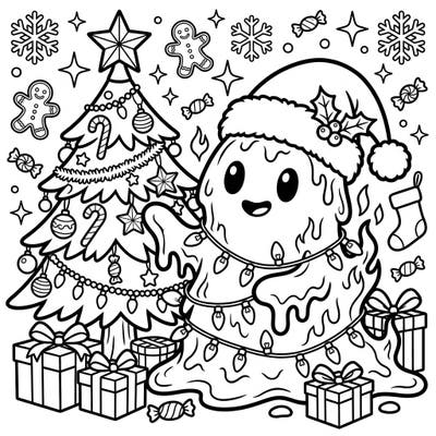 Dive into a unique holiday adventure with this Fire Slime Christmas coloring page. Watch as this adorable, melting-like character embraces the festive spirit, surrounded by classic Christmas decorations.