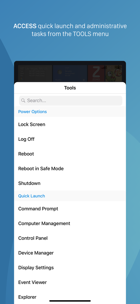 Zoho Assist - Remote Desktop - Zoho Assist mobile app tools menu displaying remote power options and quick launch administrative tasks