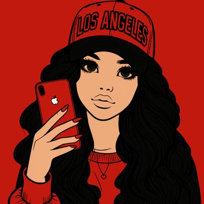 realistic beautiful girl wearing los ángeles cap holding an iphone