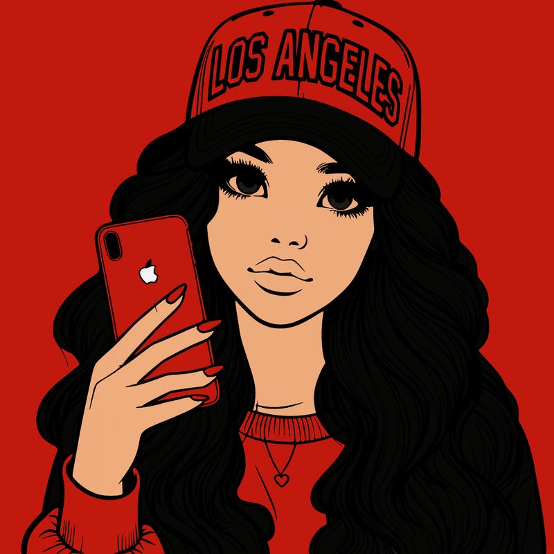 realistic beautiful girl wearing los ángeles cap holding an iphone
