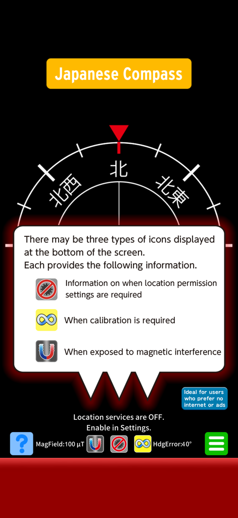 Compass-J - 漢字の方位表示と、センサーステータスアイコンを説明するポップアップが表示されたCompass-Jアプリの画面。