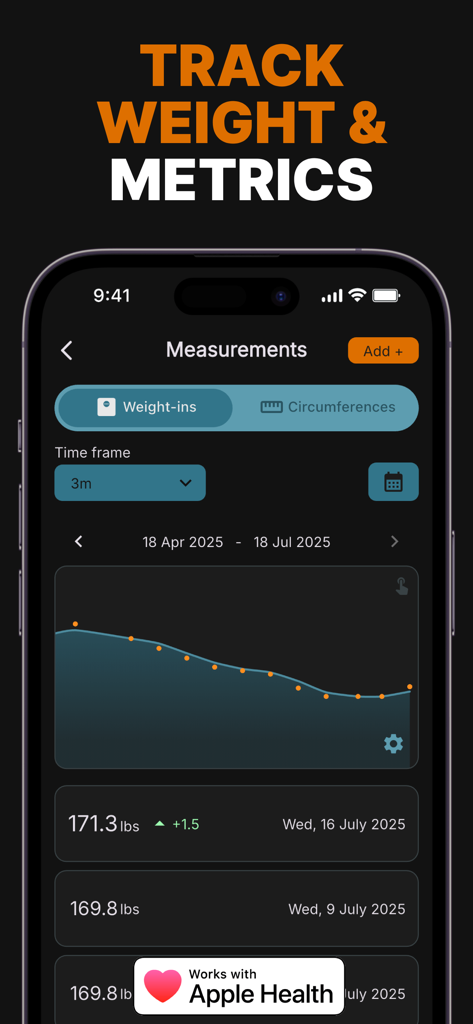 Gym log - Strive - Strive gym log app showing body weight measurements chart and historical weight-in data