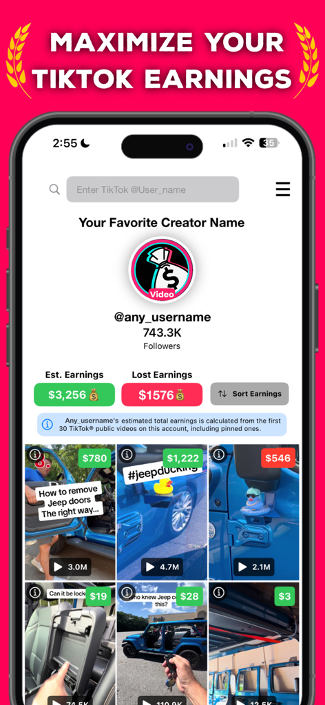 TikEarnings app interface showing estimated and lost earnings for TikTok content creators