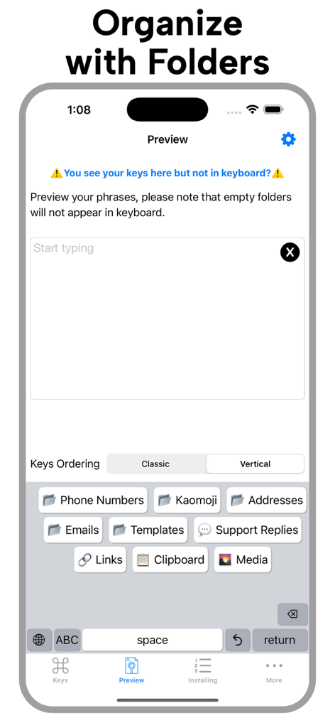 LazyBoard: Phrase Keyboard - LazyBoard app interface showing organized phrase folders for quick mobile typing and canned responses