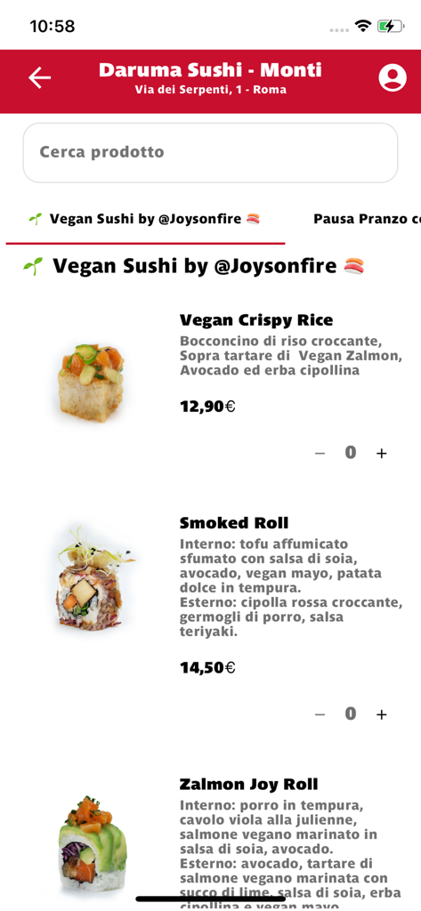 Daruma - Daruma Sushi app interface showing a specialized vegan sushi menu with images and prices