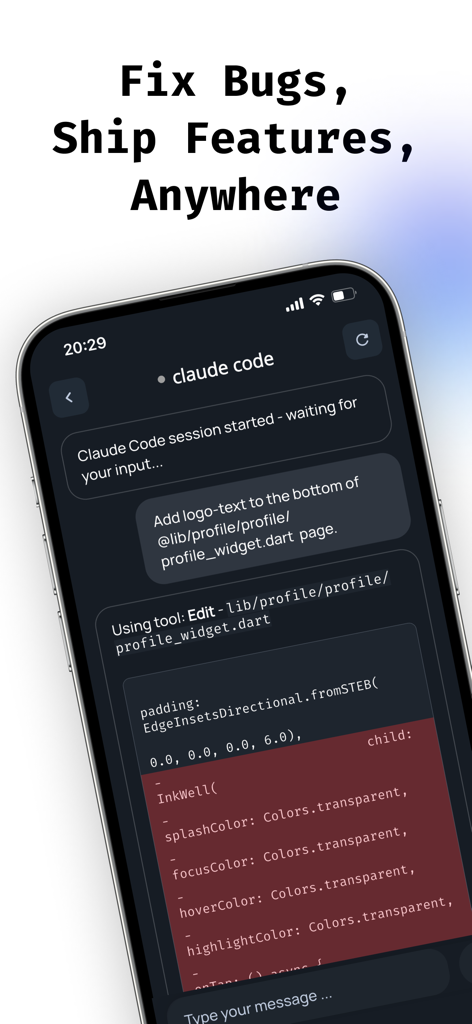 Vibe Code: Codex & Claude AI - Smartphone screen displaying the Vibe Code app interface with an active Claude Code AI session for mobile development
