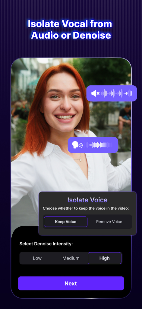 Vozo AI Video Maker | Blink - Vozo AI video editing interface for vocal isolation and noise reduction