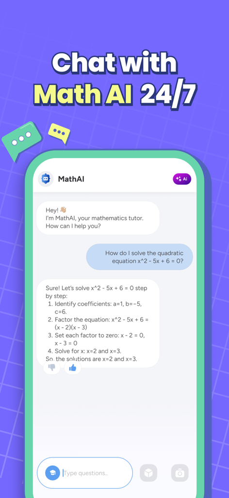 MathPro・AI Photo Math Solver - A chat interface showing a step-by-step quadratic equation solution from the MathPro AI tutor.