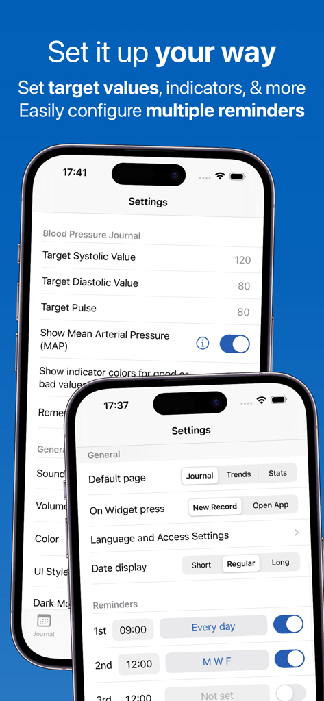Settings interface for Blood Pressure Log Feeltracker showing target value configuration and daily reminders