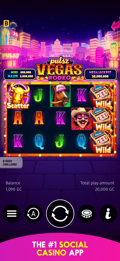Pulsz: Online Casino Games - Pulsz Vegas Rodeo slot game screen featuring a Las Vegas skyline and jackpot amounts