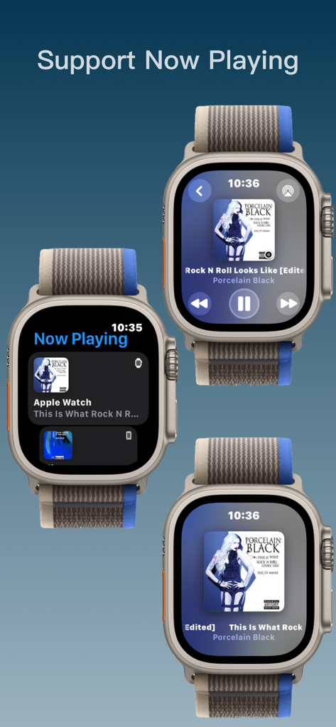 Player for Watch - Screenshots of the Now Playing music interface on an Apple Watch