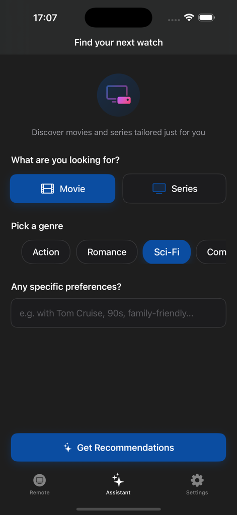 TV Remote • Universal Control - Écran d'assistant IA dans l'application TV Remote pour des recommandations personnalisées de films et séries basées sur le genre et les préférences.