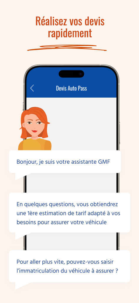 GMF Mobile - Vos assurances - Interface of the GMF Mobile app showing a virtual assistant helping a user get a car insurance quote