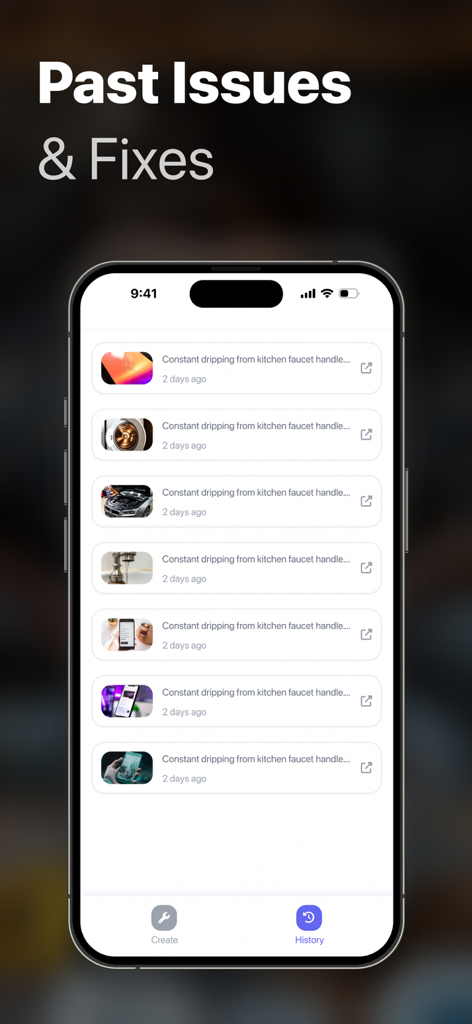 Smartphone screen displaying the RepairBuddy app history page with a list of past repair issues and solutions