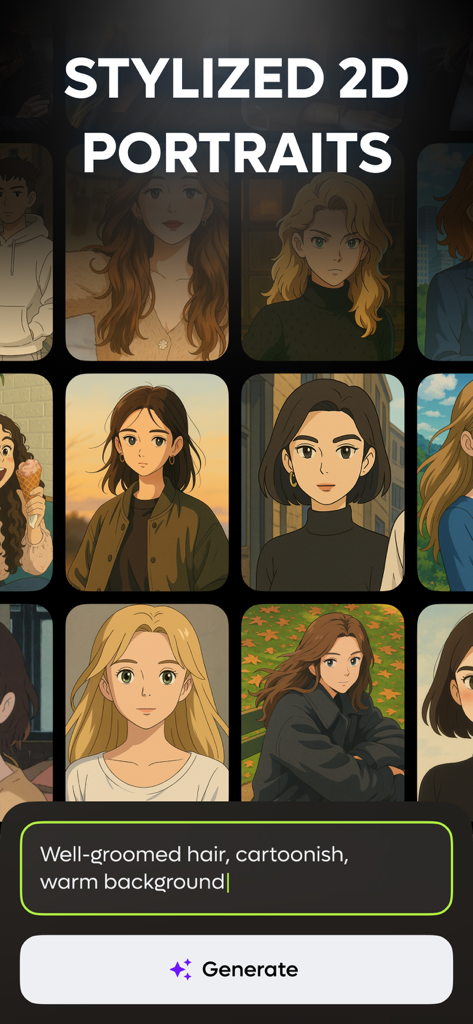 AI Cartoon Effect Anime Maker - Una cuadrícula de retratos de anime estilizados en 2D en la interfaz de una aplicación de edición de fotos con IA