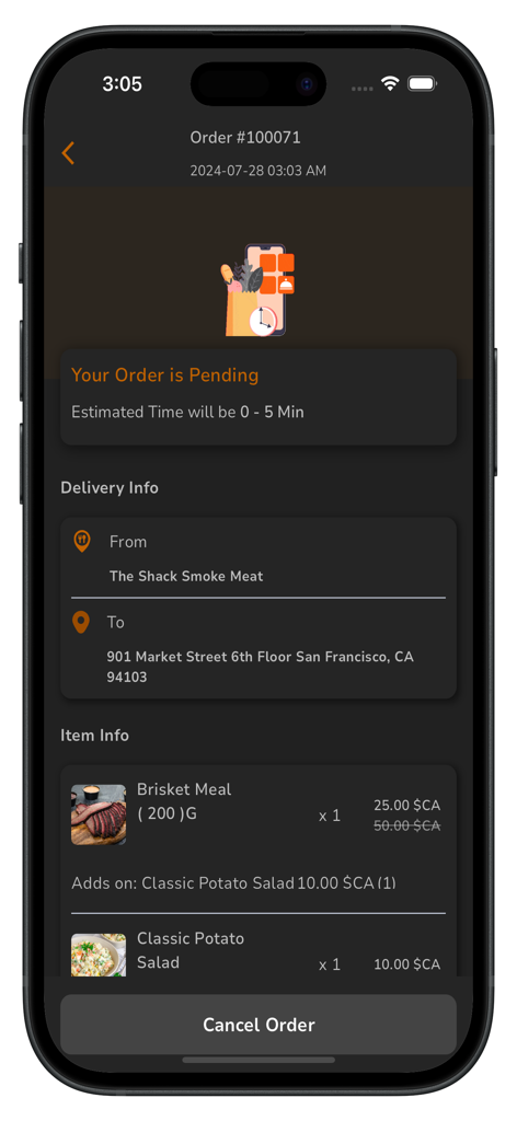 The Shack - Order tracking screen on The Shack app showing a pending brisket meal and delivery details.