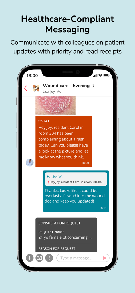Hypercare-Messaging & On-Call - Hypercare app interface showing healthcare compliant messaging with urgent STAT patient updates and read receipts
