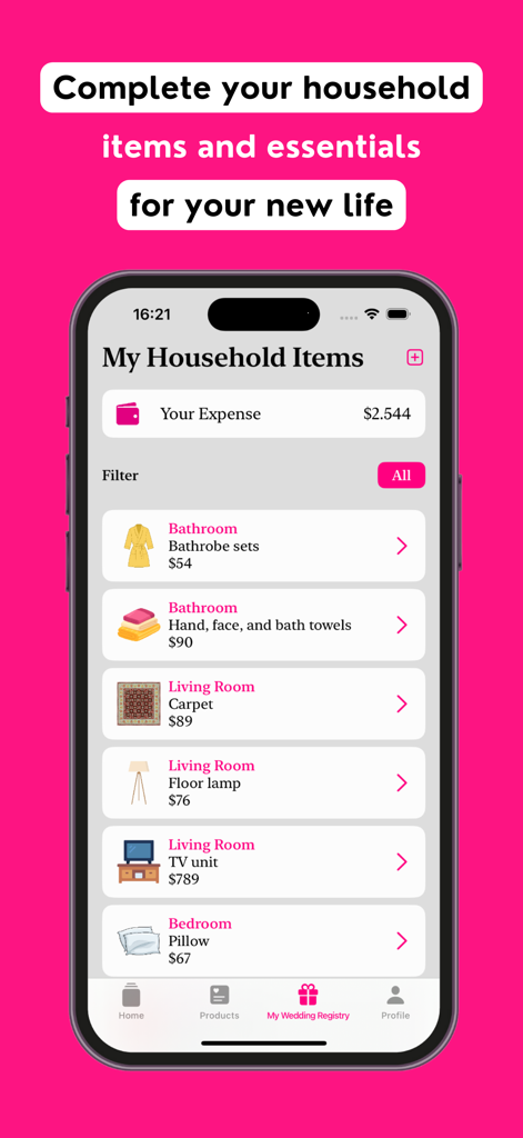 MeMarry: Wedding Planner - MeMarry app interface showing a checklist of household essentials and a budget tracker for a new home.