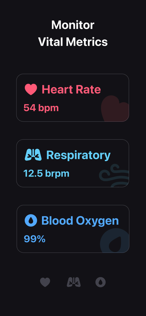 Dashboard of the Rem app showing heart rate, respiratory rate, and blood oxygen levels