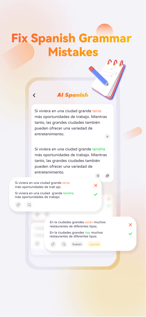 AI Spanish app interface showing automated correction of grammar mistakes in Spanish sentences