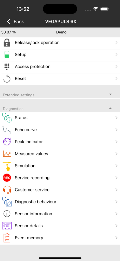 VEGA Tools - VEGA Tools App-Oberfläche, die Diagnose- und Einrichtungsoptionen für einen VEGAPULS 6X Sensor anzeigt