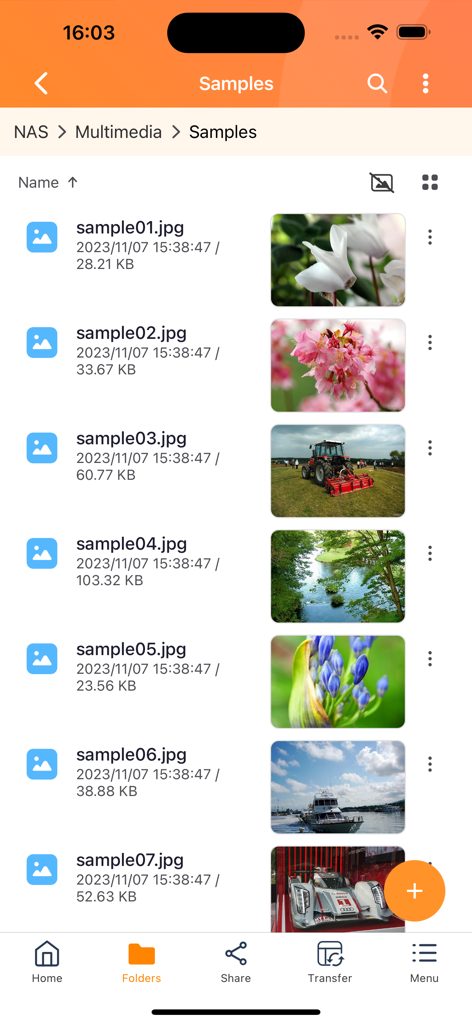 Qfile Pro - Interfaccia dell'app Qfile Pro che mostra un elenco di foto archiviate su un QNAP NAS