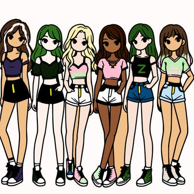 a group of girls wearing crop tops and shorts