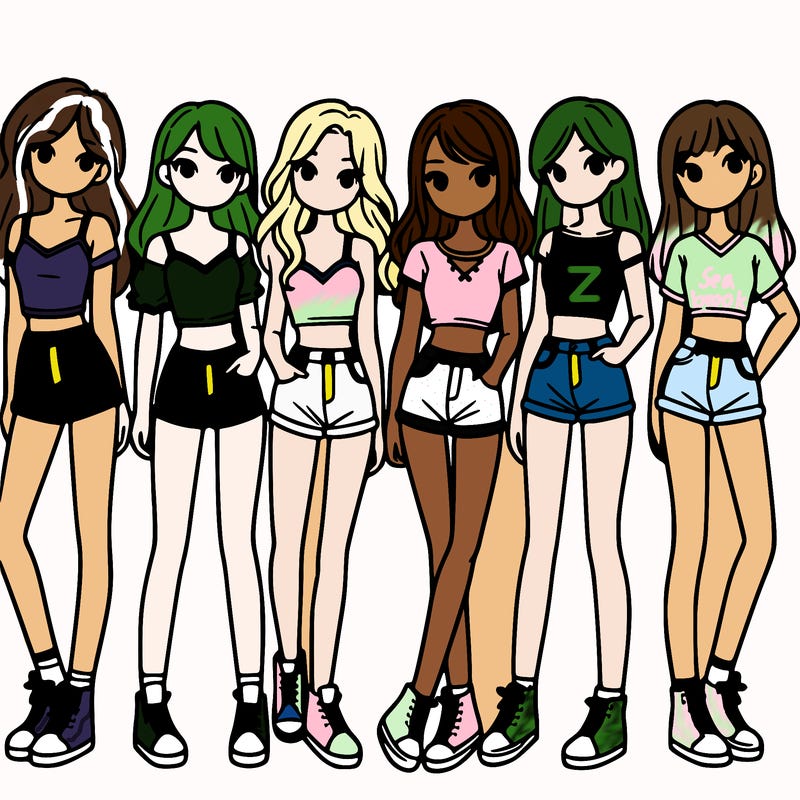 a group of girls wearing crop tops and shorts