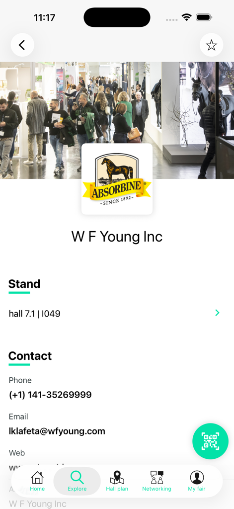 spoga horse - Detailed view of an exhibitor profile in the spoga horse app showing stand location and contact information for W F Young Inc