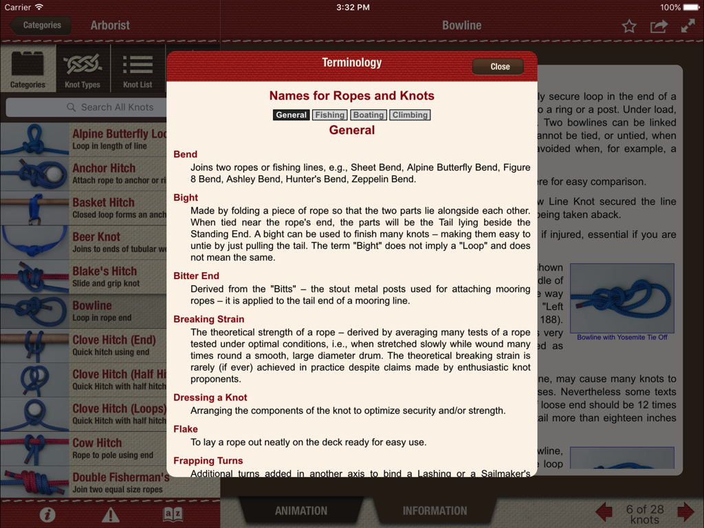 Terminology popup explaining rope and knot terms in the Animated Knots by Grog HD app
