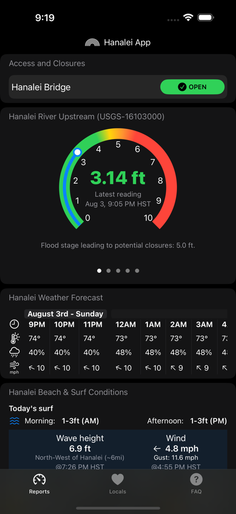 The Hanalei app dashboard showing real-time river levels weather forecast and surf conditions