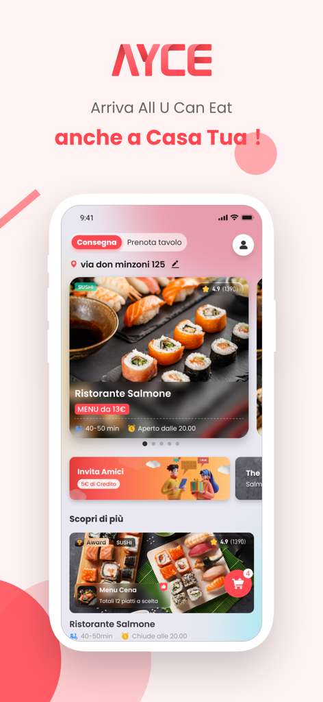 Schermata principale dell'app AYCE che mostra elenchi di ristoranti sushi e opzioni di prenotazione per la consegna