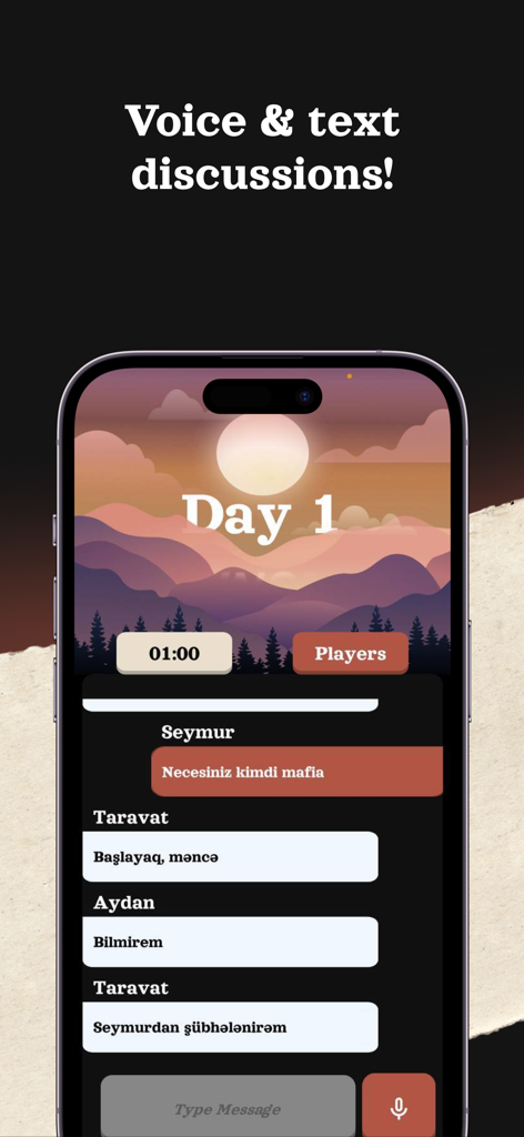 Mafia Online: Find who! - Captura de pantalla del juego móvil Mafia Online que muestra la interfaz de chat de voz y texto dentro del juego durante una partida.