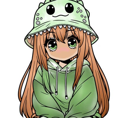girl with anime shaped eyes with a dinosaur bucket hat oversized sweatshirt long straight hair