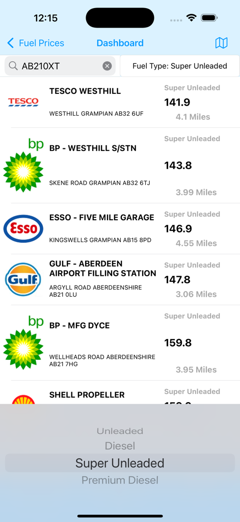 Cheap Fuel UK - Dashboard view of the Cheap Fuel UK app showing a list of nearby petrol stations and super unleaded fuel prices sorted by price