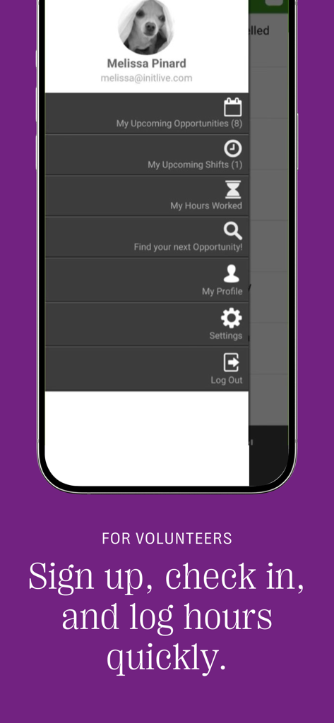 Bloomerang Volunteer app profile screen with upcoming shifts and hours worked menu items