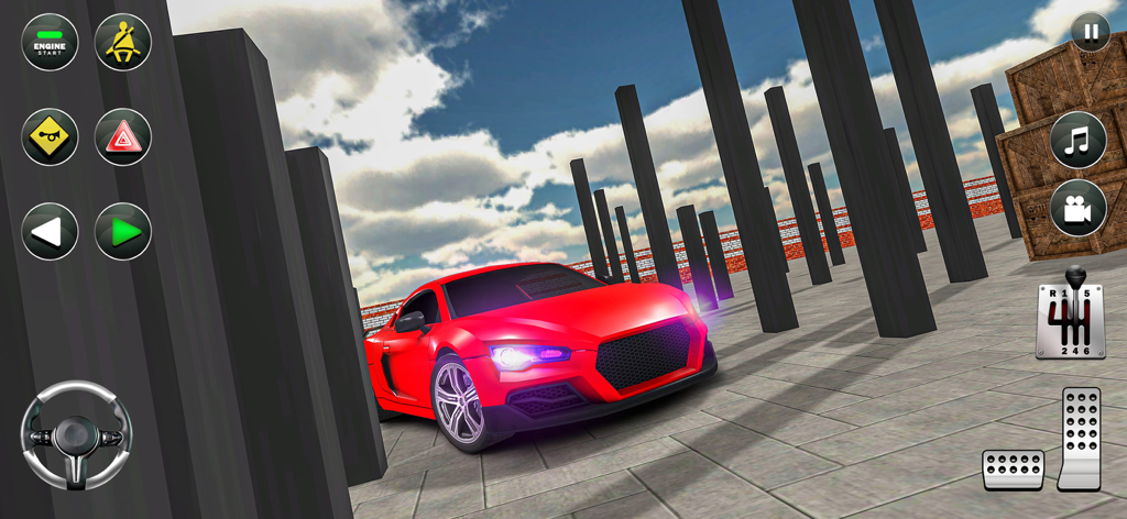 Car Parking Lot: Parking Games - A red sports car in a 3D parking simulation game showing driving controls and a manual gear shifter