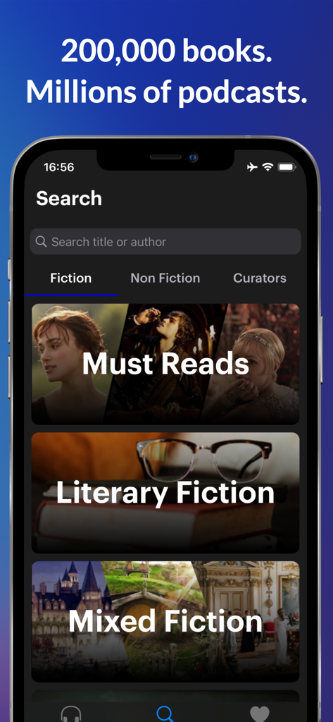 Anyplay app search interface showing fiction audiobook categories and a search bar