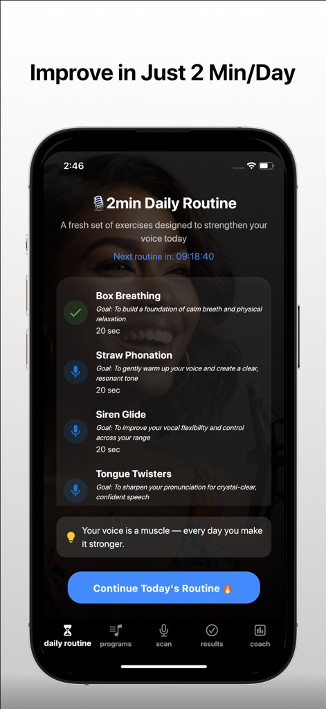 MyTone - Singing & Vocal Coach - MyTone mobile app interface for a two minute daily vocal training routine