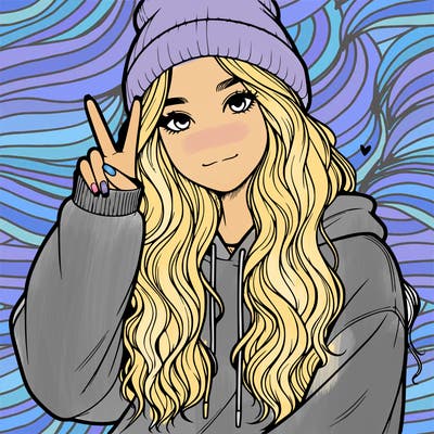 a teenage girl in a beanie, oversized sweatshirt, wavy long hair, and is showing a ✌️