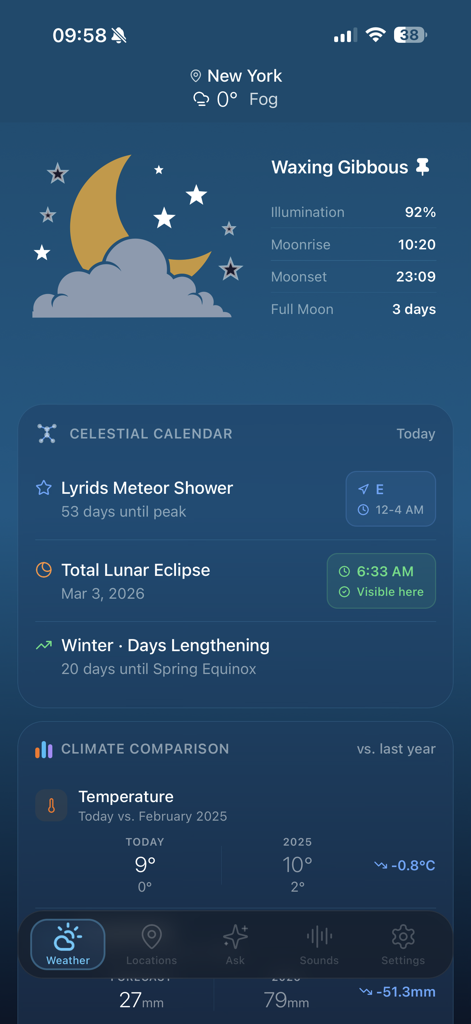 Weather & Chill - La pantalla de la aplicación Weather and Chill que muestra los detalles de la fase lunar y un calendario celestial de próximos eventos