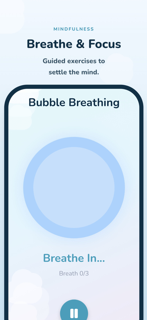 Calmbud: Kids Calm Sessions - Interface de respiração guiada por bolhas para mindfulness e relaxamento infantil