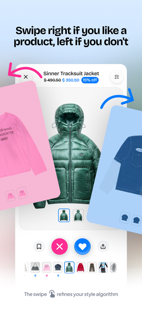 Melian Mobile App-Oberfläche, die eine Wischfunktion zum Liken für die Entdeckung einzigartiger Modemarken zeigt.