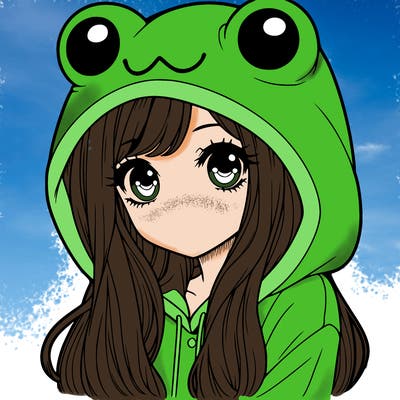 a pretty girl wearing a frog hoodie portrait with long hair