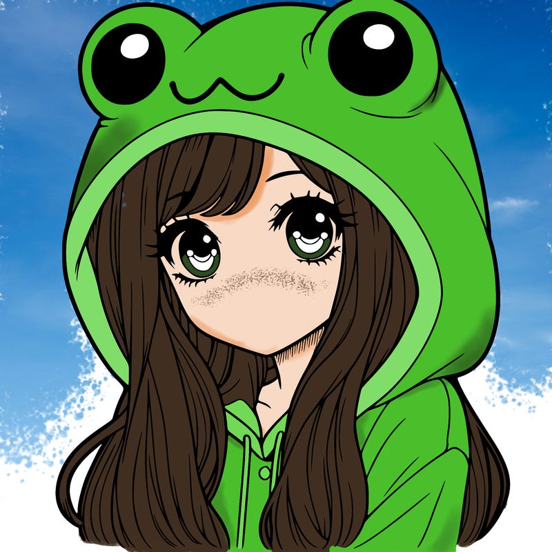 a pretty girl wearing a frog hoodie portrait with long hair