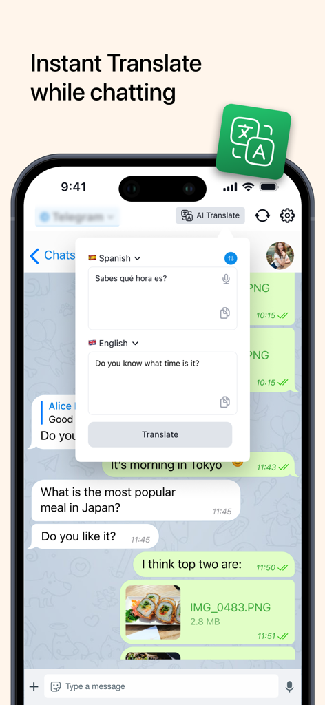 Screenshot der Messenger AI App, der eine Echtzeitübersetzungsfunktion zeigt, die spanischen Text innerhalb einer Chat-Oberfläche ins Englische umwandelt.