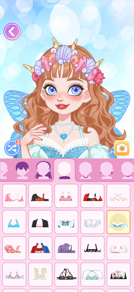 Doll Avatar Maker: Design - Character customization screen in Doll Avatar Maker showing a sea-themed female avatar with shell crown and blue wings