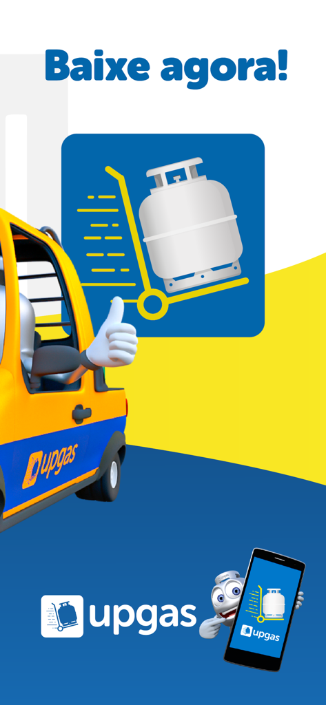 Upgas mobile app promotional screen featuring a delivery driver giving a thumbs up and a gas cylinder icon.