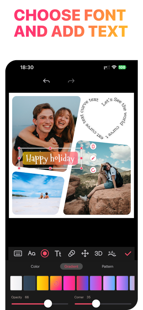 Mobile app interface for adding and styling text on photo collages with curved paths and gradients