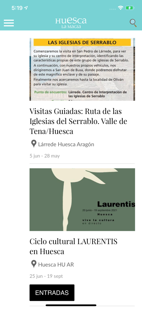 Huesca La Magia - Schermata dell'app Huesca La Magia che mostra tour guidati delle chiese di Serrablo ed eventi culturali nella provincia di Huesca